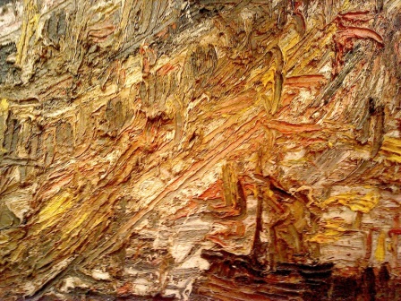 Detail from  an early Kossoff painting of a building site.